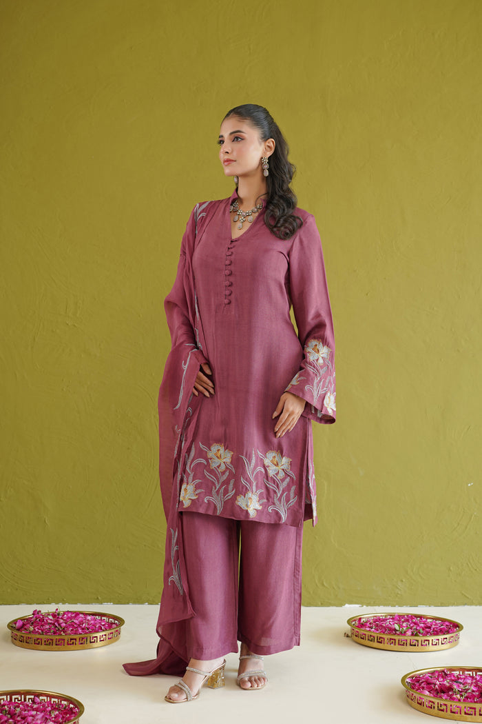 Wine Lily Embroidered Kurti