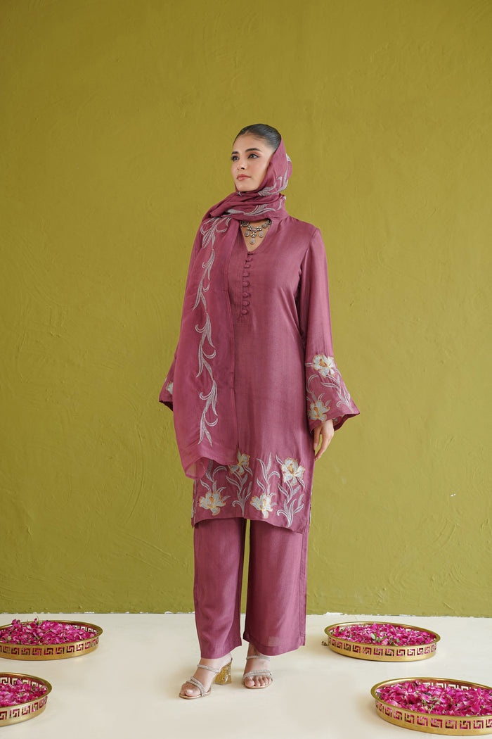 Wine Lily Embroidered Kurti