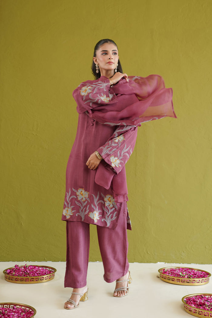 Wine Lily Embroidered Kurti