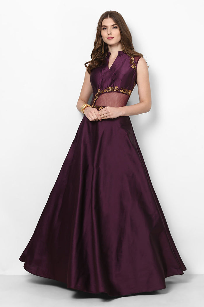 Wine Satin Gown With Sheer Waist Panel And Mandarin Collar