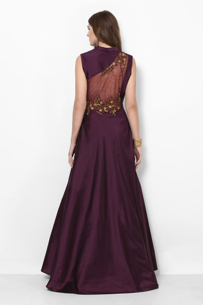 Wine Satin Gown With Sheer Waist Panel And Mandarin Collar
