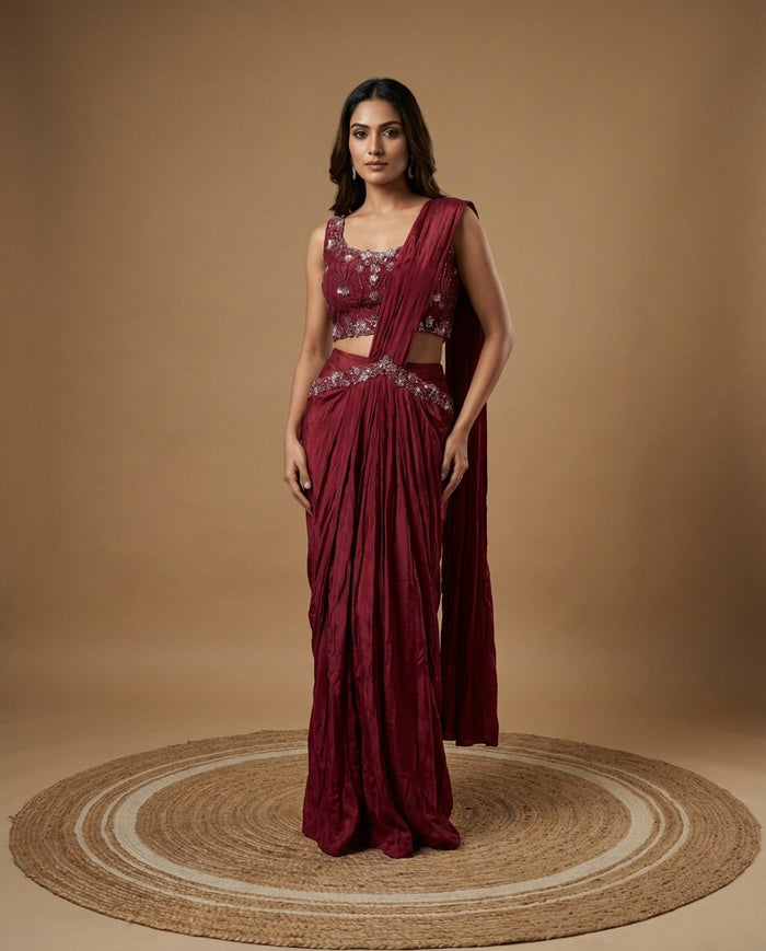 Wine Satin Silk Embroidered Draped Saree