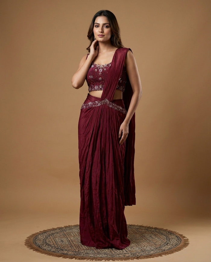 Wine Satin Silk Embroidered Draped Saree