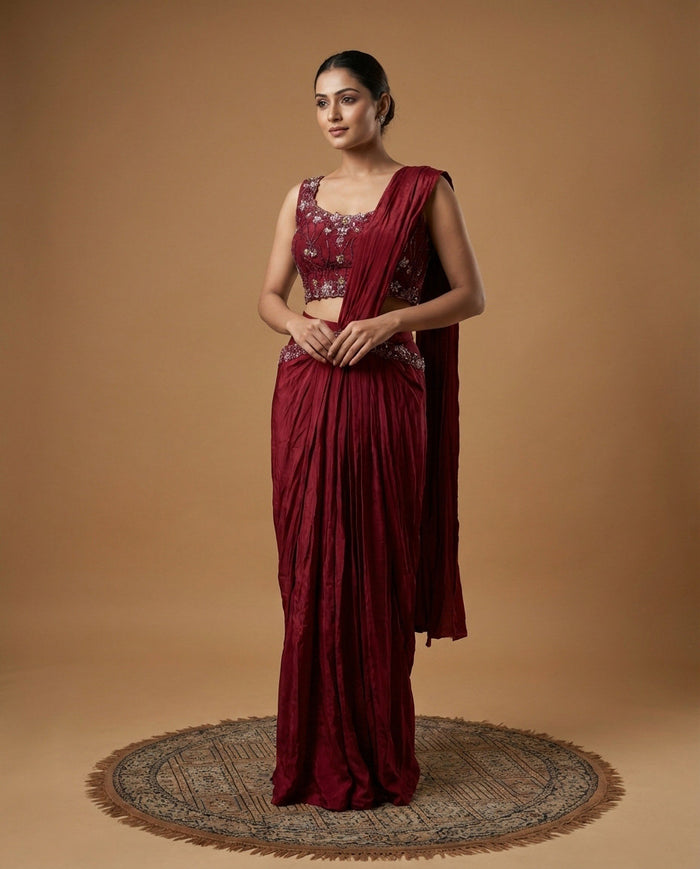 Wine Satin Silk Embroidered Draped Saree