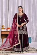 Wine Velvet Embroidered Sharara Set
