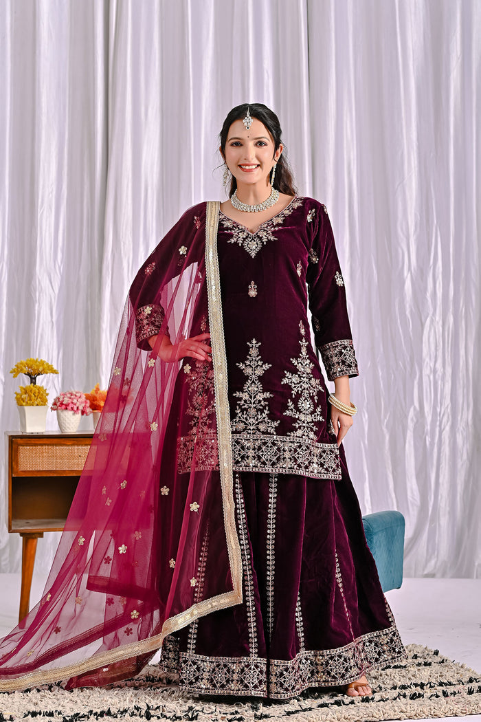 Wine Velvet Embroidered Sharara Set