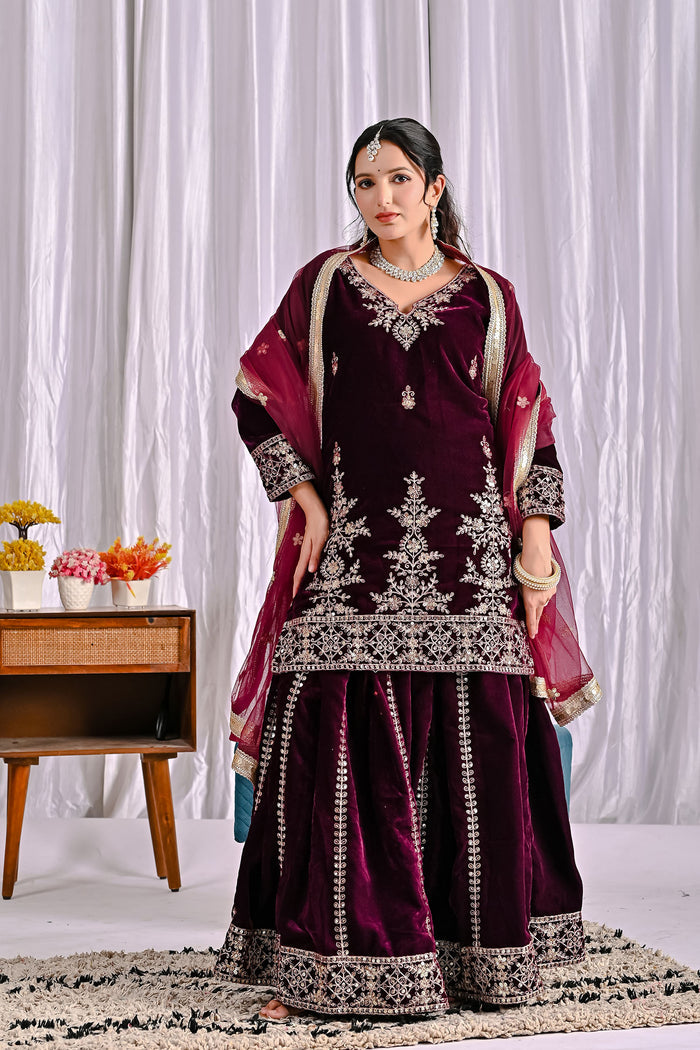 Wine Velvet Embroidered Sharara Set