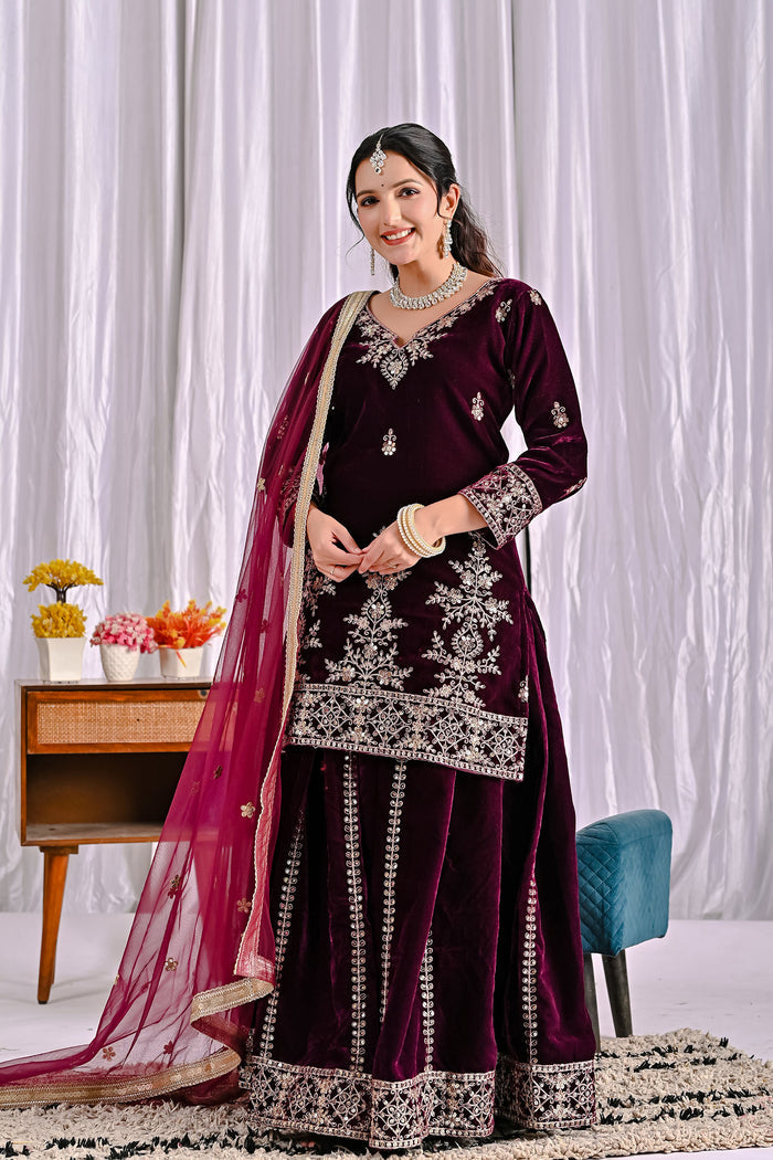 Wine Velvet Embroidered Sharara Set