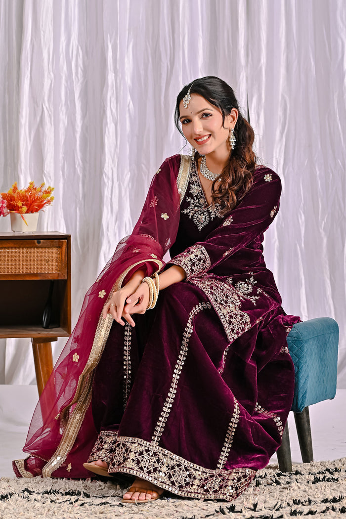 Wine Velvet Embroidered Sharara Set