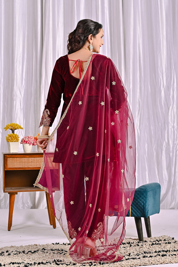 Wine Velvet Embroidered Sharara Set