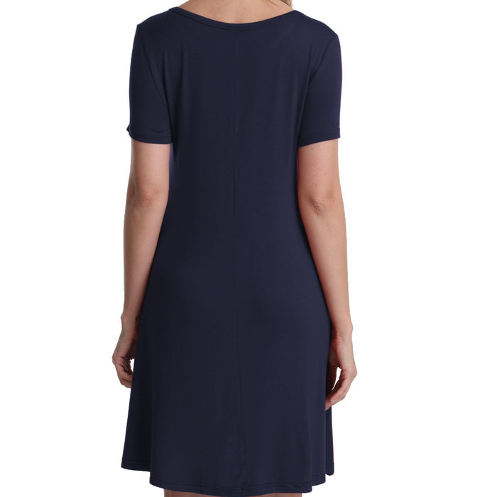 Navy blue dress worn by a person on a white background