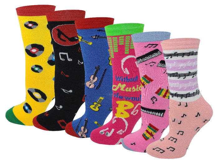 Women’s colorful fancy Music design novelty crew socks – 6-pair pack