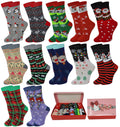 Gift box of women’s holiday crew socks with colorful designs