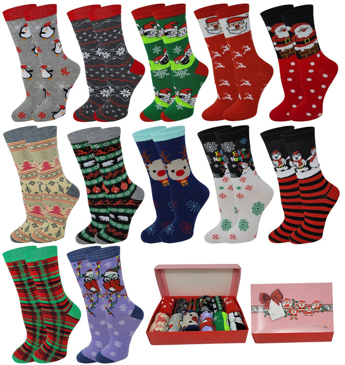Gift box of women’s holiday crew socks with colorful designs