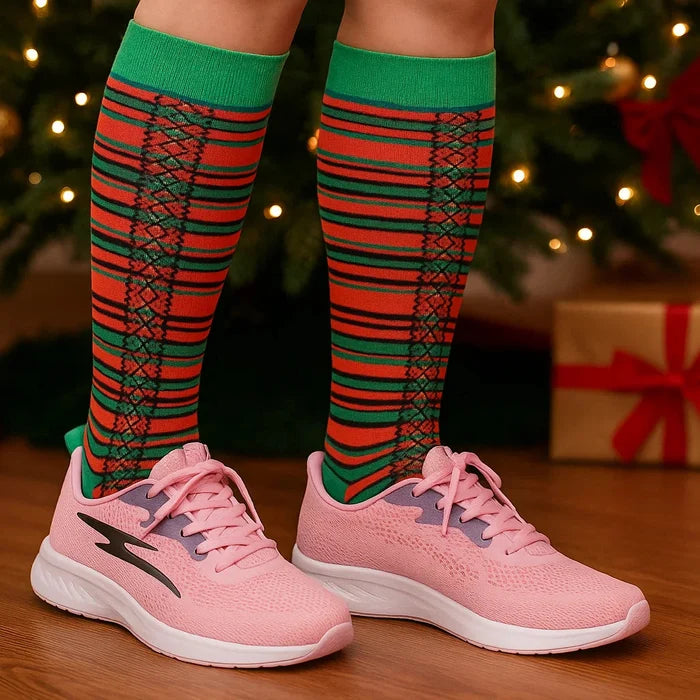 Sumona Christmas knee-high socks for women – festive red and green patterns