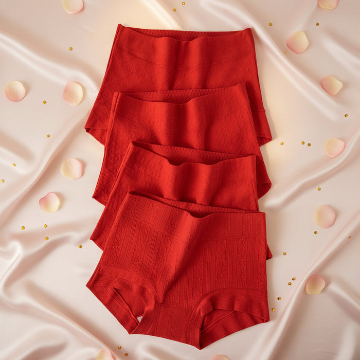 Women's red high-waisted cotton underwear shown in four color options with a soft, full-coverage stretch fit