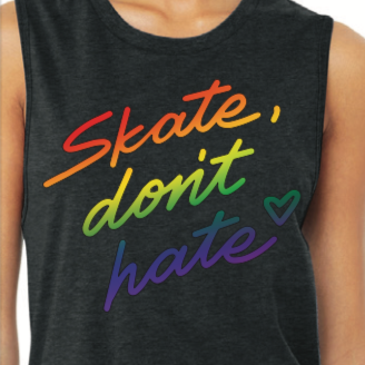 Black sleeveless shirt with colorful 'Skate don't hate' text on a plain background