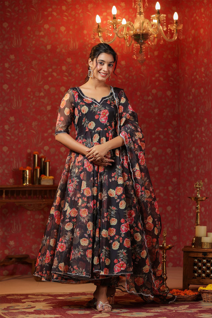 <img> Woodsmoke Black Organza Floral Printed Anarkali Set