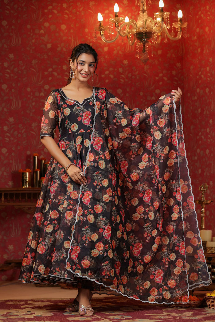 <img> Woodsmoke Black Organza Floral Printed Anarkali Set