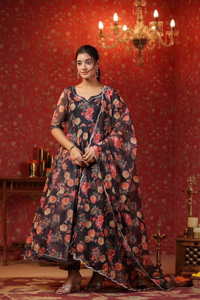 <img> Woodsmoke Black Organza Floral Printed Anarkali Set