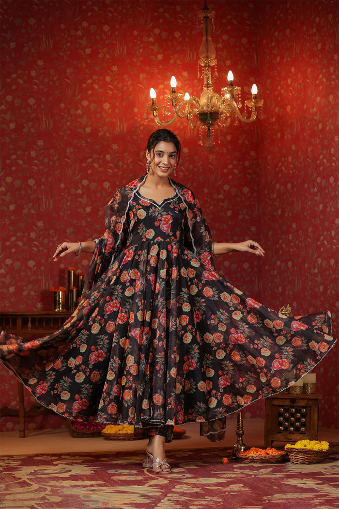 <img> Woodsmoke Black Organza Floral Printed Anarkali Set