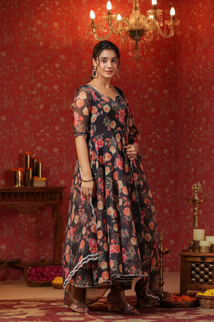 <img> Woodsmoke Black Organza Floral Printed Anarkali Set