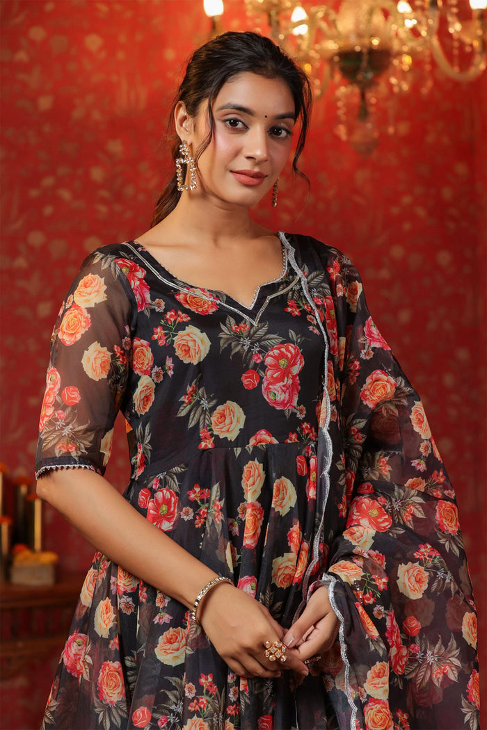 <img> Woodsmoke Black Organza Floral Printed Anarkali Set