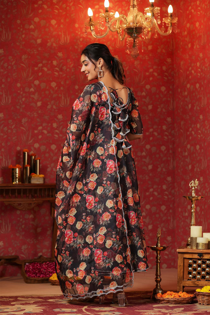<img> Woodsmoke Black Organza Floral Printed Anarkali Set