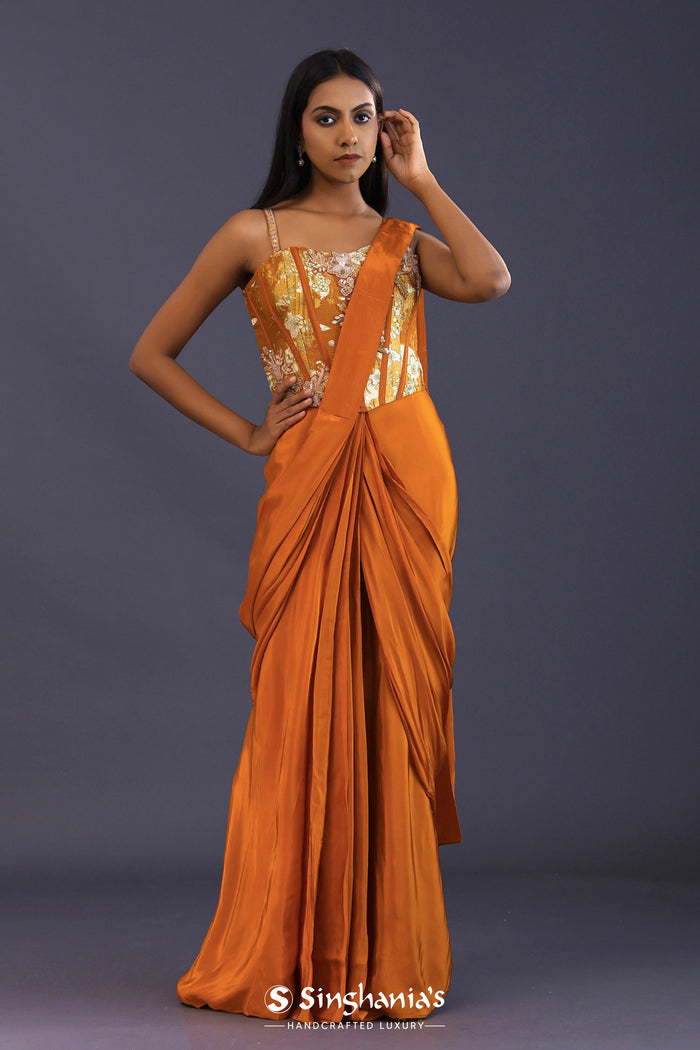 Yam Orange Crepe Silk Floral Printed Drape Saree