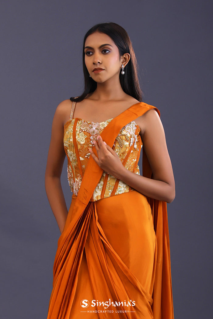 Yam Orange Crepe Silk Floral Printed Drape Saree