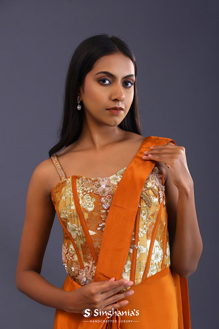 Yam Orange Crepe Silk Floral Printed Drape Saree