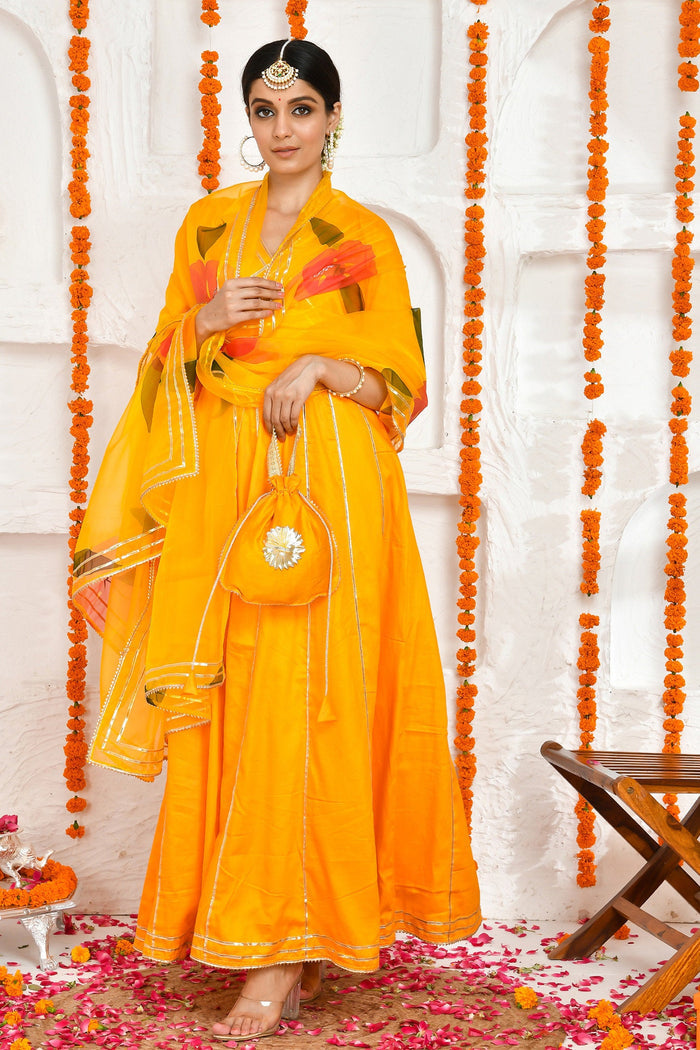 <img> Yellow Anarkali Set With Organza Dupatta
