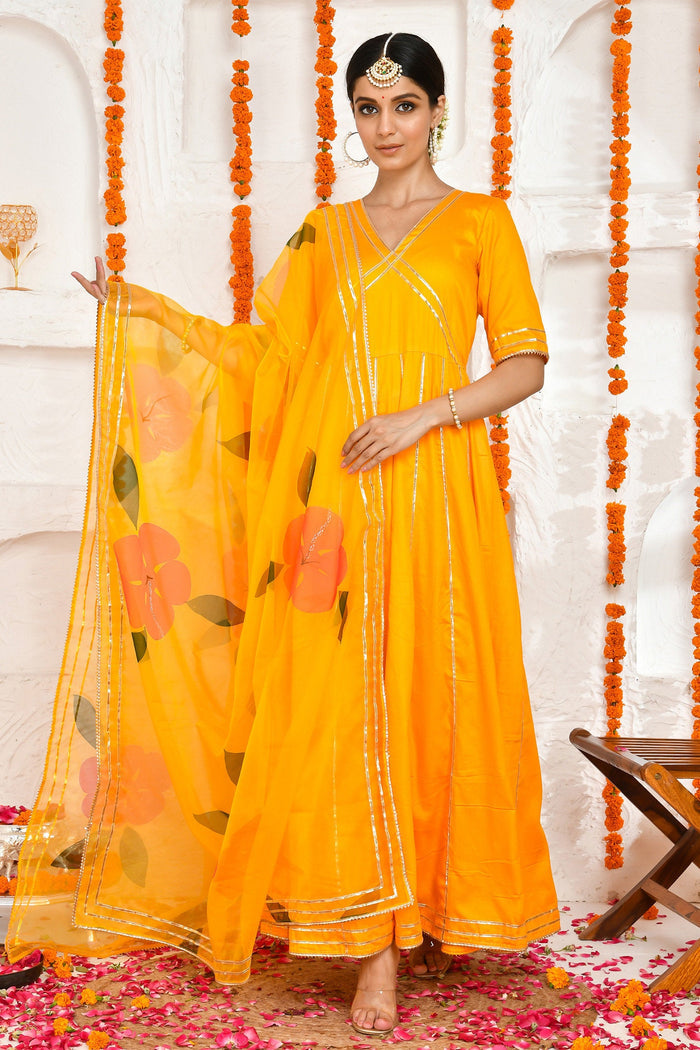 <img> Yellow Anarkali Set With Organza Dupatta