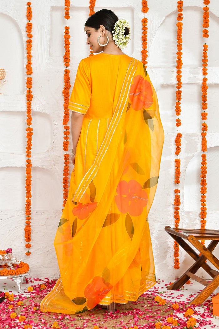 <img> Yellow Anarkali Set With Organza Dupatta