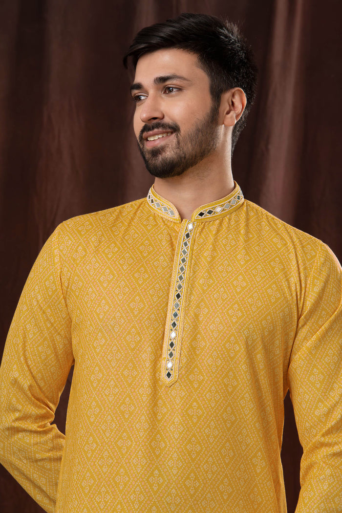 Yellow Art Silk Kurta Set With Embroidery Work
