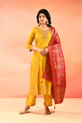 Yellow Butti Silk Blend Staright Cut Set