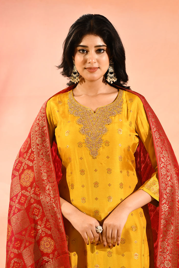 Yellow Butti Silk Blend Staright Cut Set