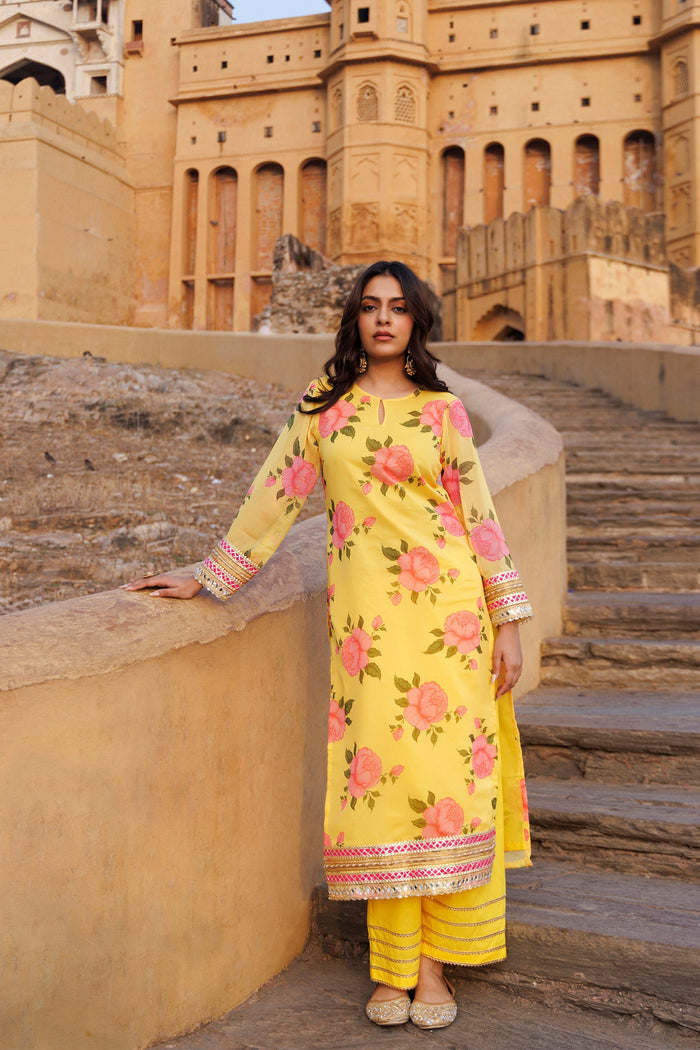 Yellow Chiffon Kurta Set With Floral Prints With Lace Work
