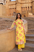 Yellow Chiffon Kurta Set With Floral Prints With Lace Work