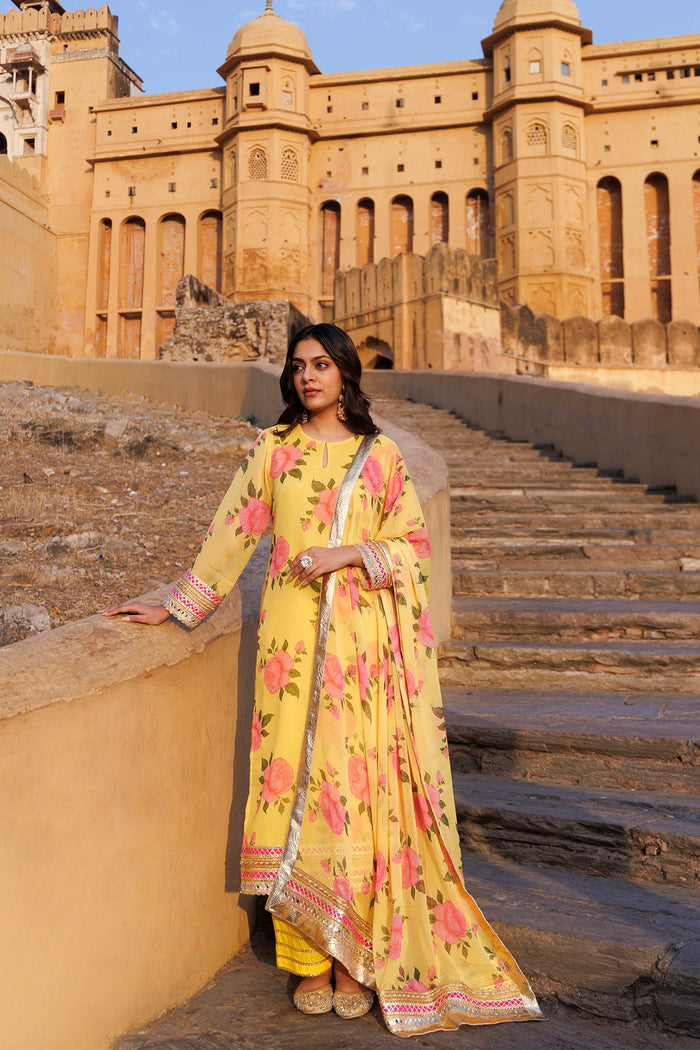 Yellow Chiffon Kurta Set With Floral Prints With Lace Work