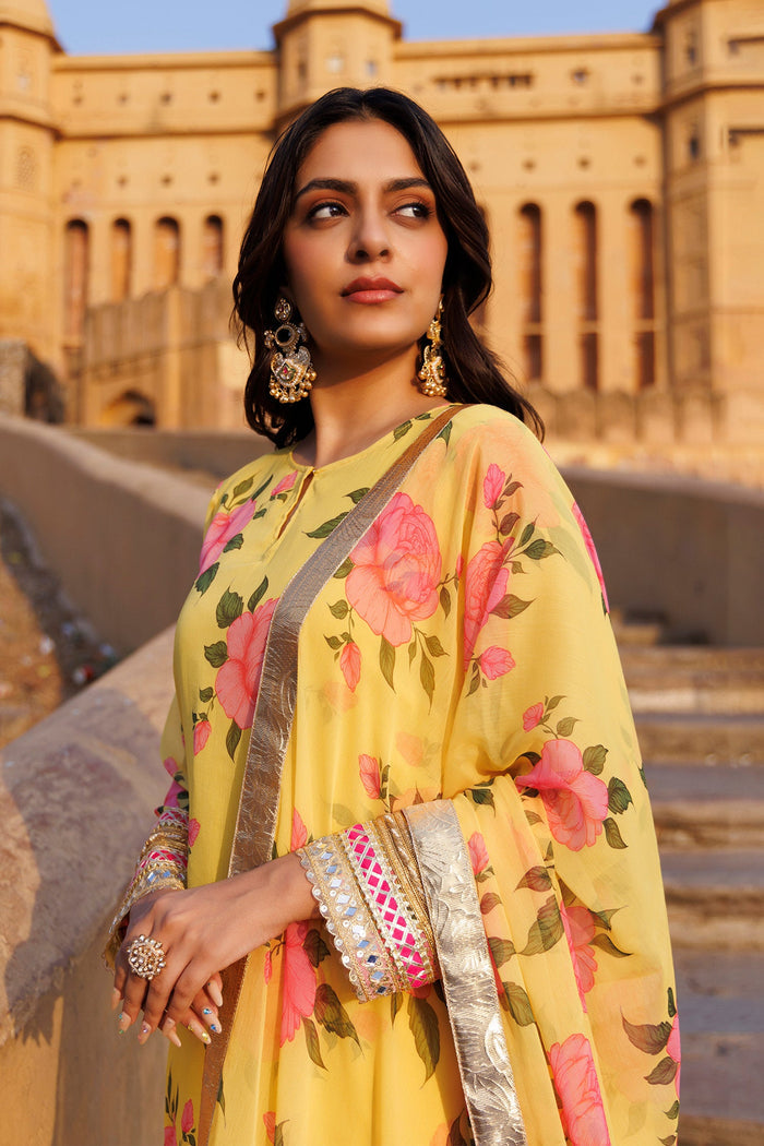 Yellow Chiffon Kurta Set With Floral Prints With Lace Work