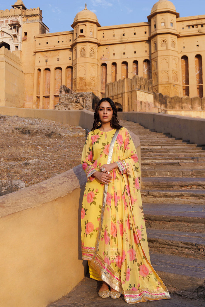 Yellow Chiffon Kurta Set With Floral Prints With Lace Work
