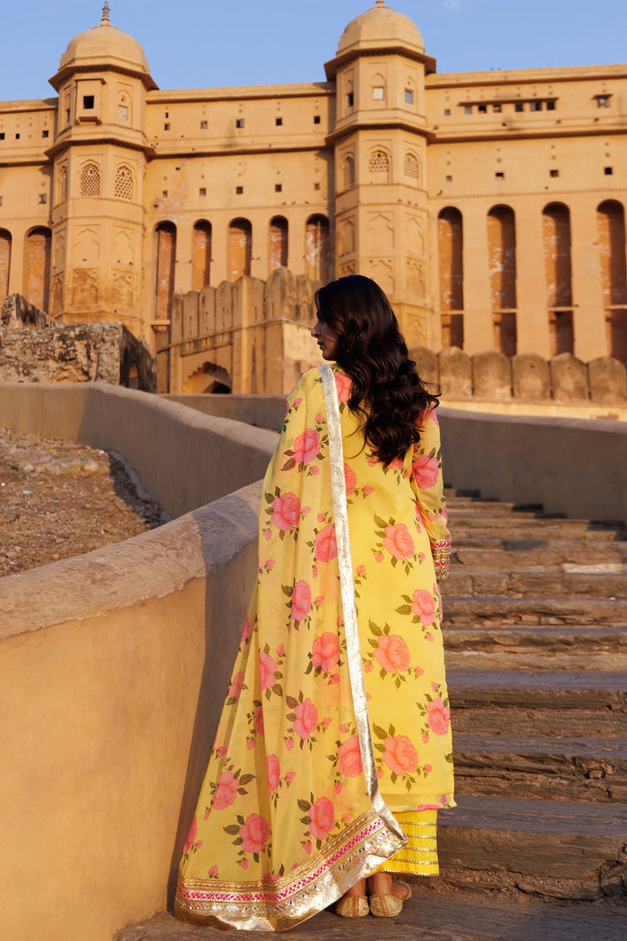Yellow Chiffon Kurta Set With Floral Prints With Lace Work