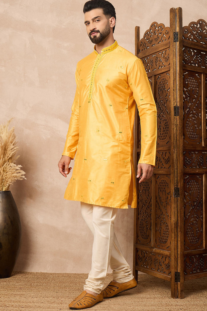 Yellow Cotton Blend Mirror Work Kurta Set
