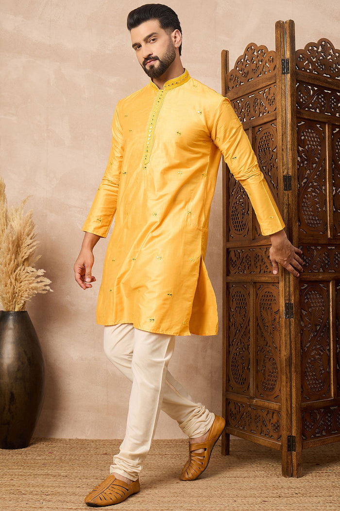 Yellow Cotton Blend Mirror Work Kurta Set