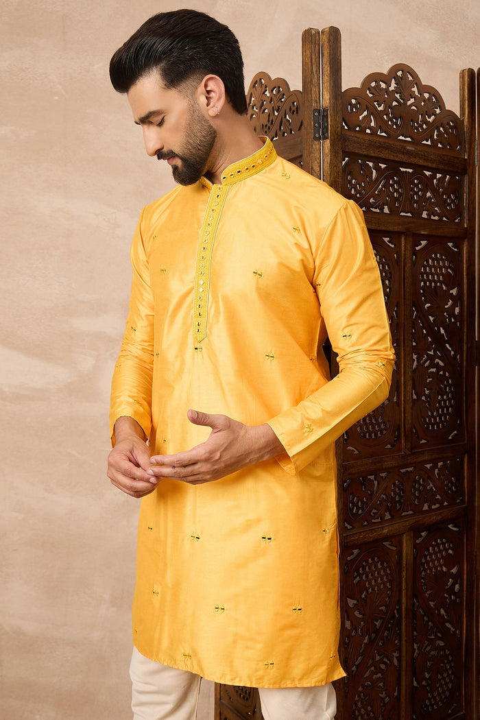 Yellow Cotton Blend Mirror Work Kurta Set
