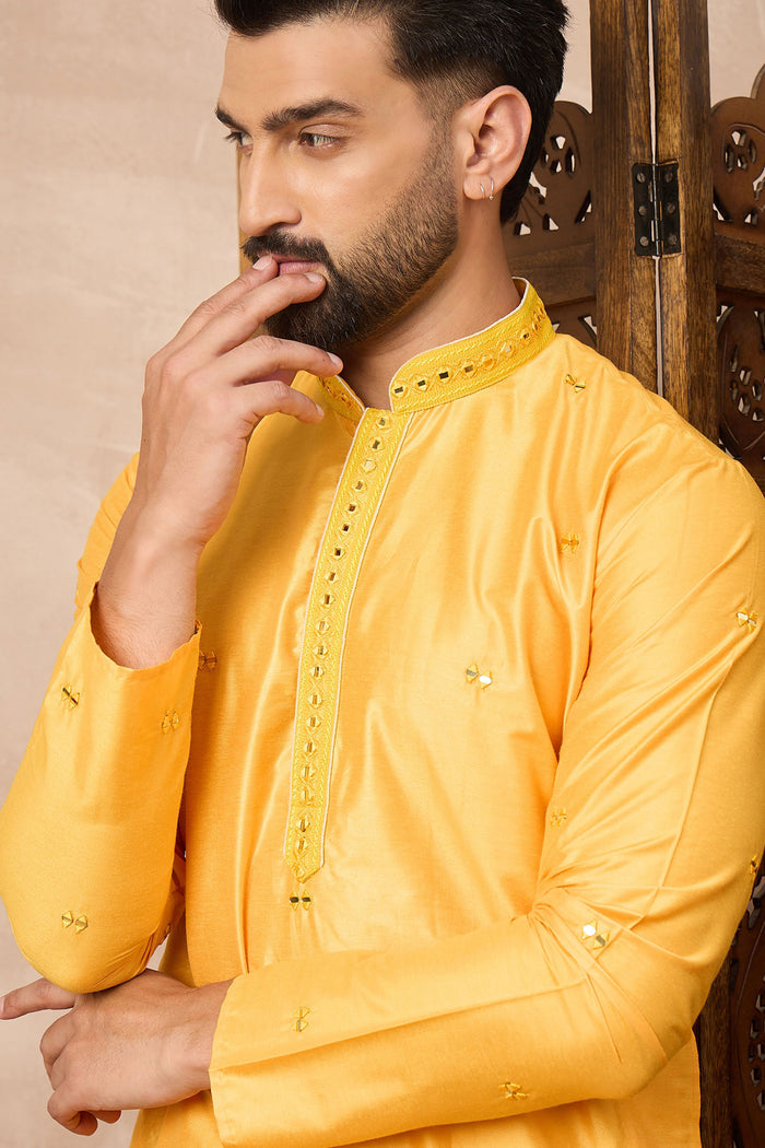 Yellow Cotton Blend Mirror Work Kurta Set