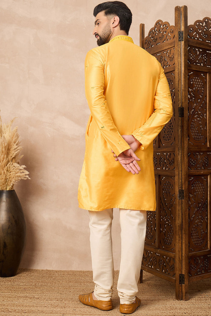 Yellow Cotton Blend Mirror Work Kurta Set