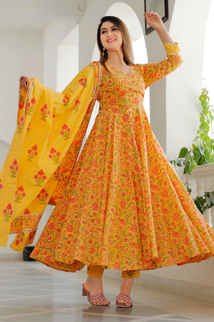 Yellow Cotton Floral Printed Kurta And Palazzo Set