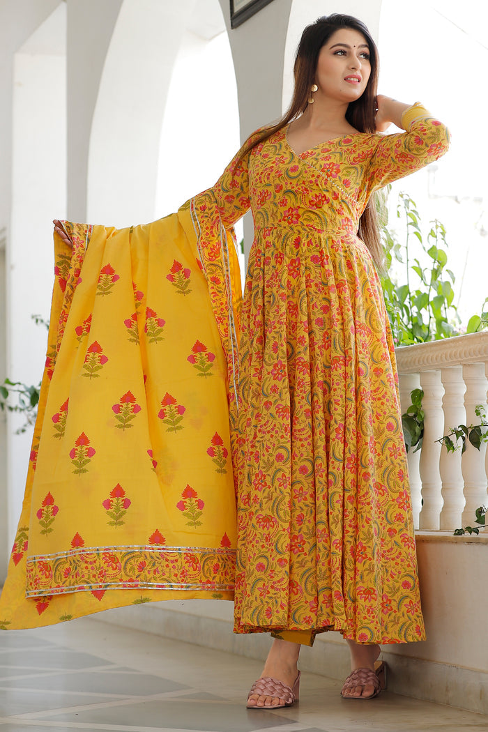 Yellow Cotton Floral Printed Kurta And Palazzo Set